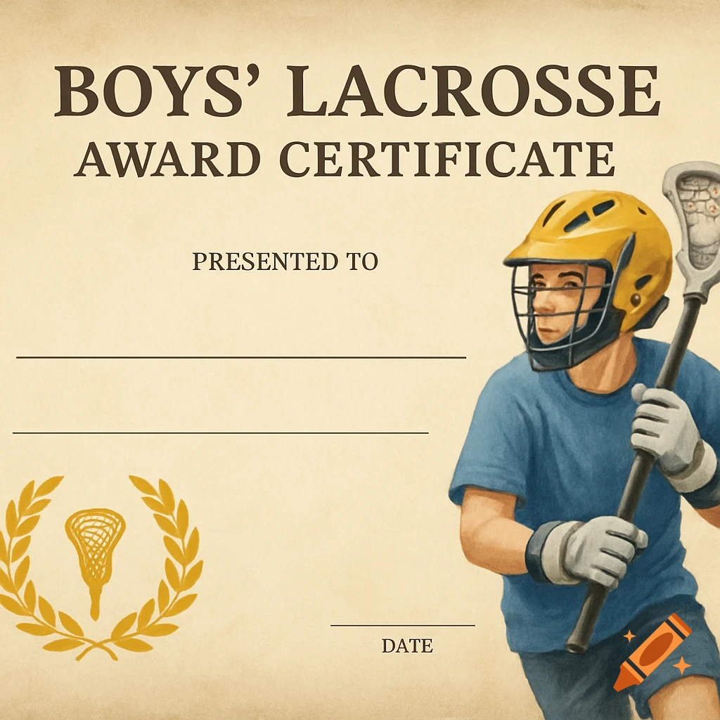 Illustration of a boys lacrosse award certificate template with a player and laurel wreath
