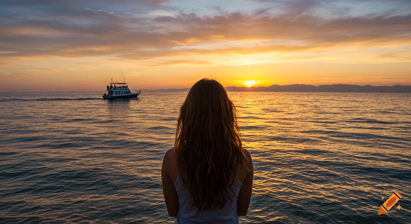 A person with long hair looks out at the ocean sunset with a boat in the distance.