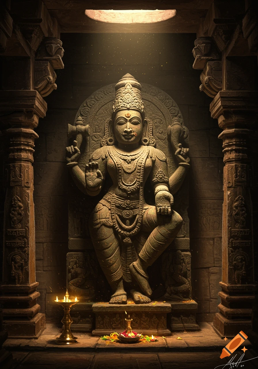 Stone statue of a seated Hindu goddess with multiple arms in a temple, lit from above.