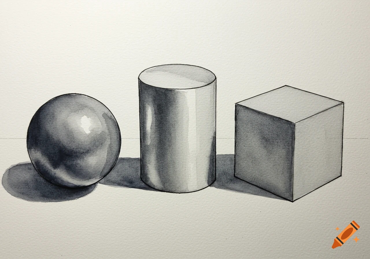 A grayscale drawing of a sphere, cylinder, and cube casting shadows.