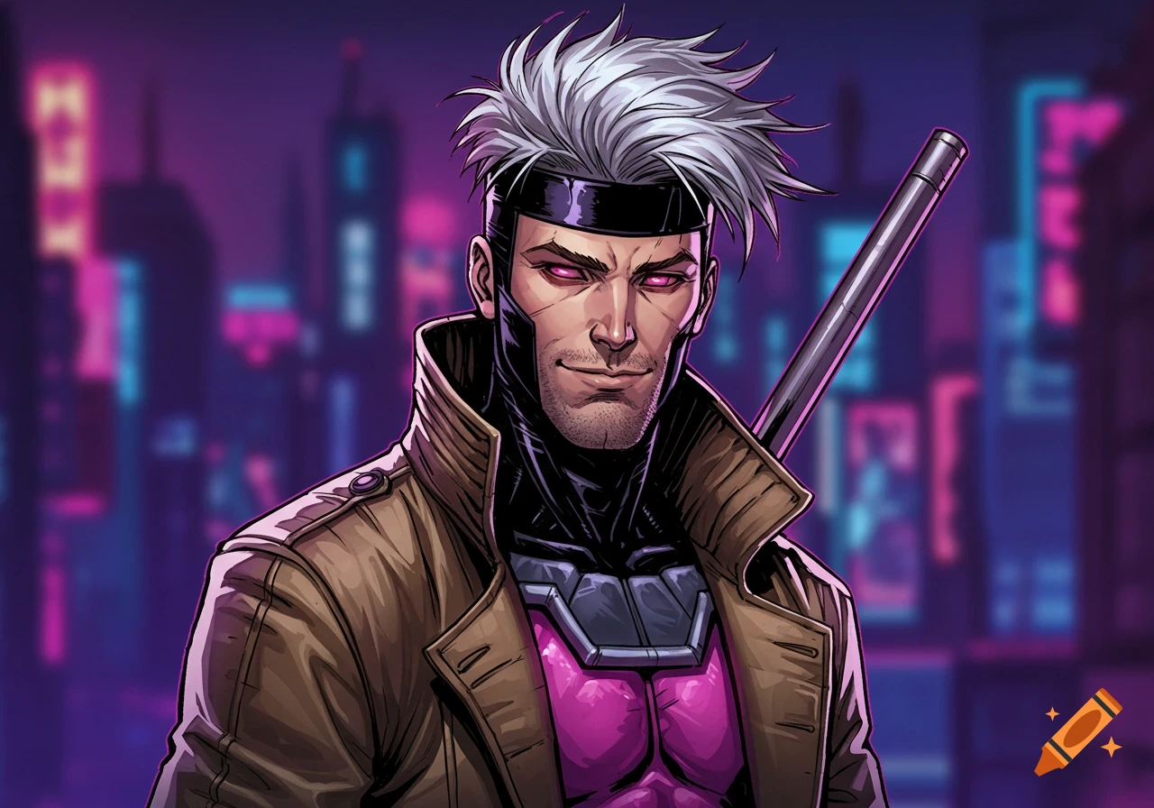 Illustration of Gambit in a neon city.