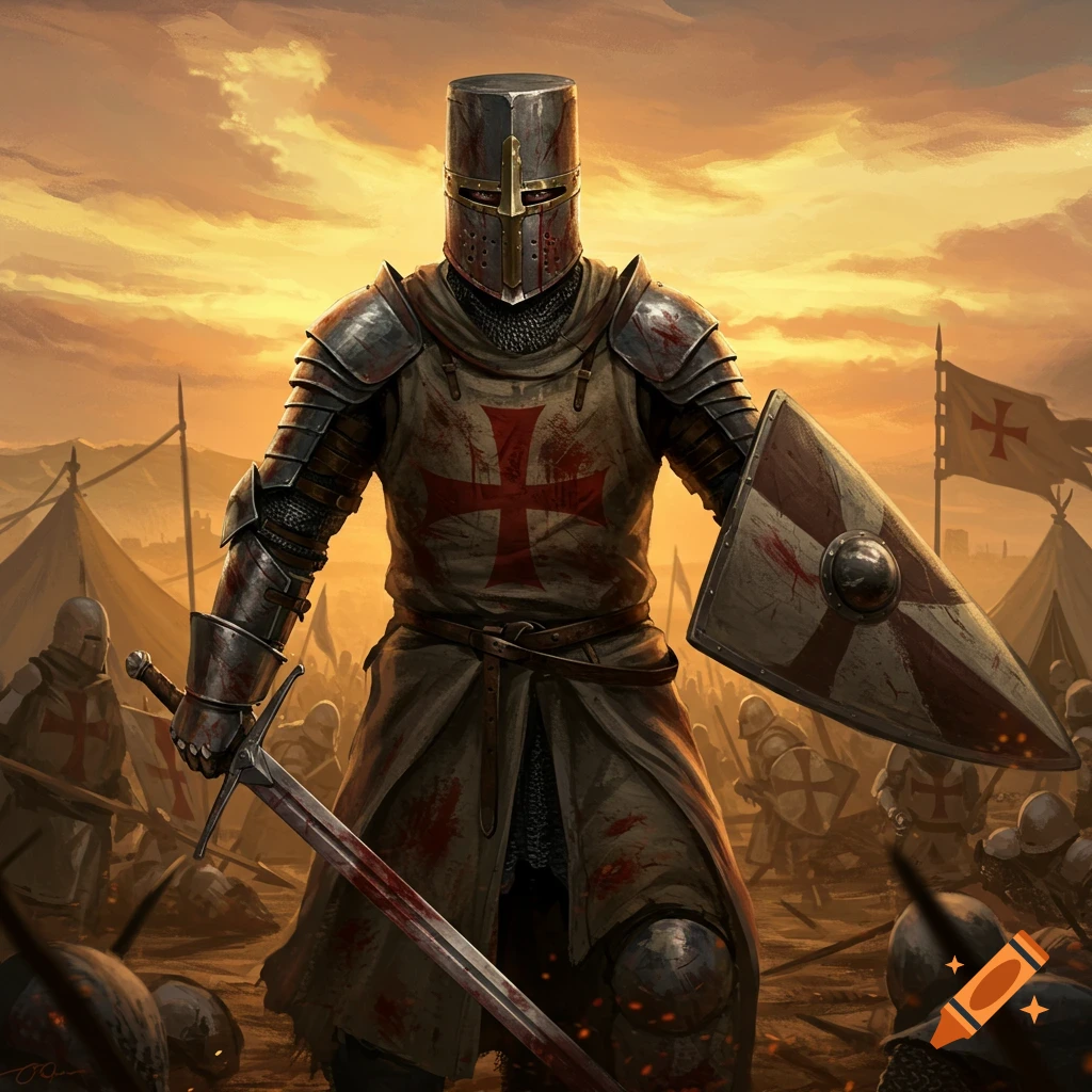 A medieval knight in armor stands on a dusty battlefield. on Craiyon