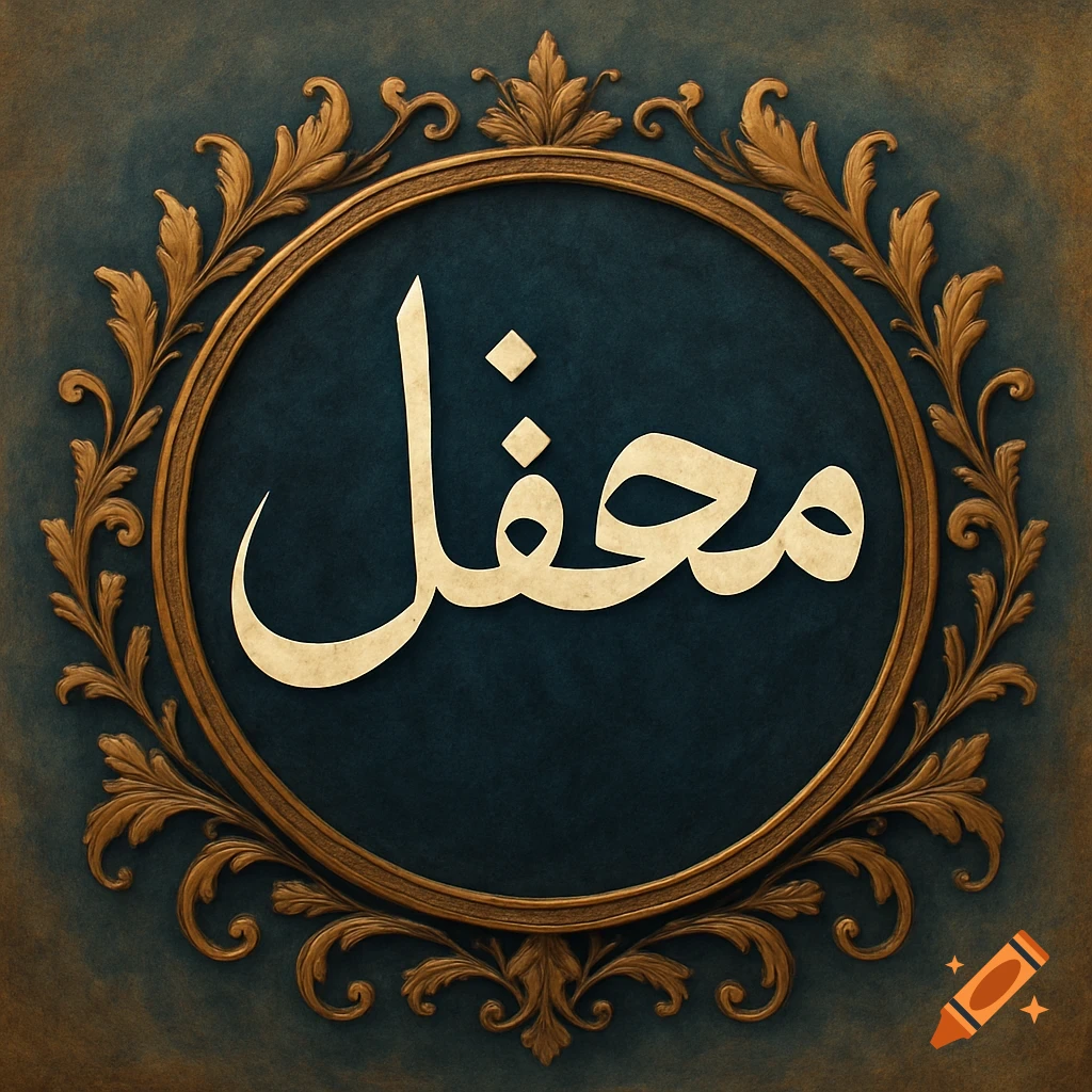 Arabic calligraphy of the name Mahfel in golden script within an elaborate golden circular frame on a dark blue background.