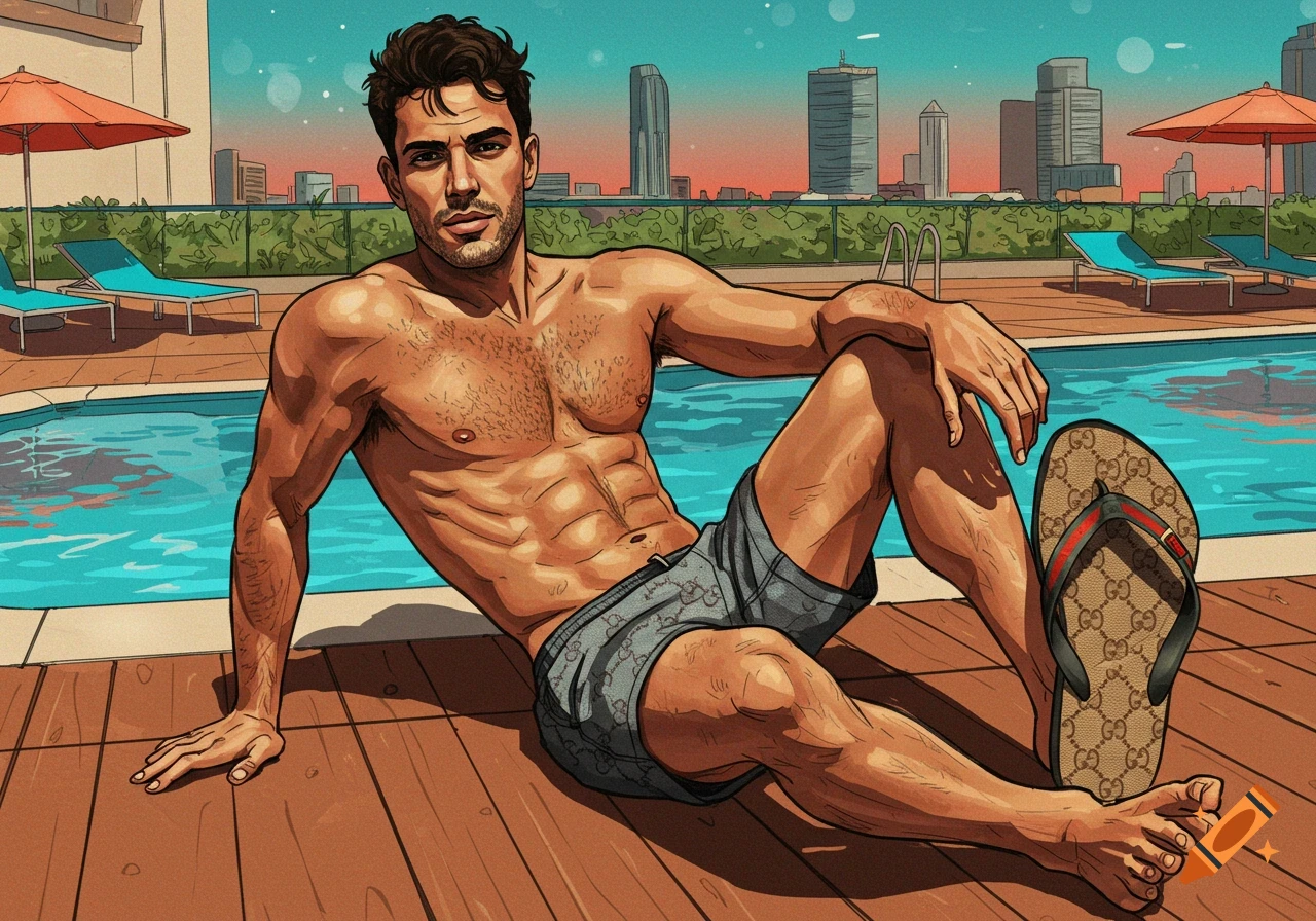 Illustrative image of a shirtless man sitting by a pool wearing swim shorts and designer flip flops with a city skyline in the background.