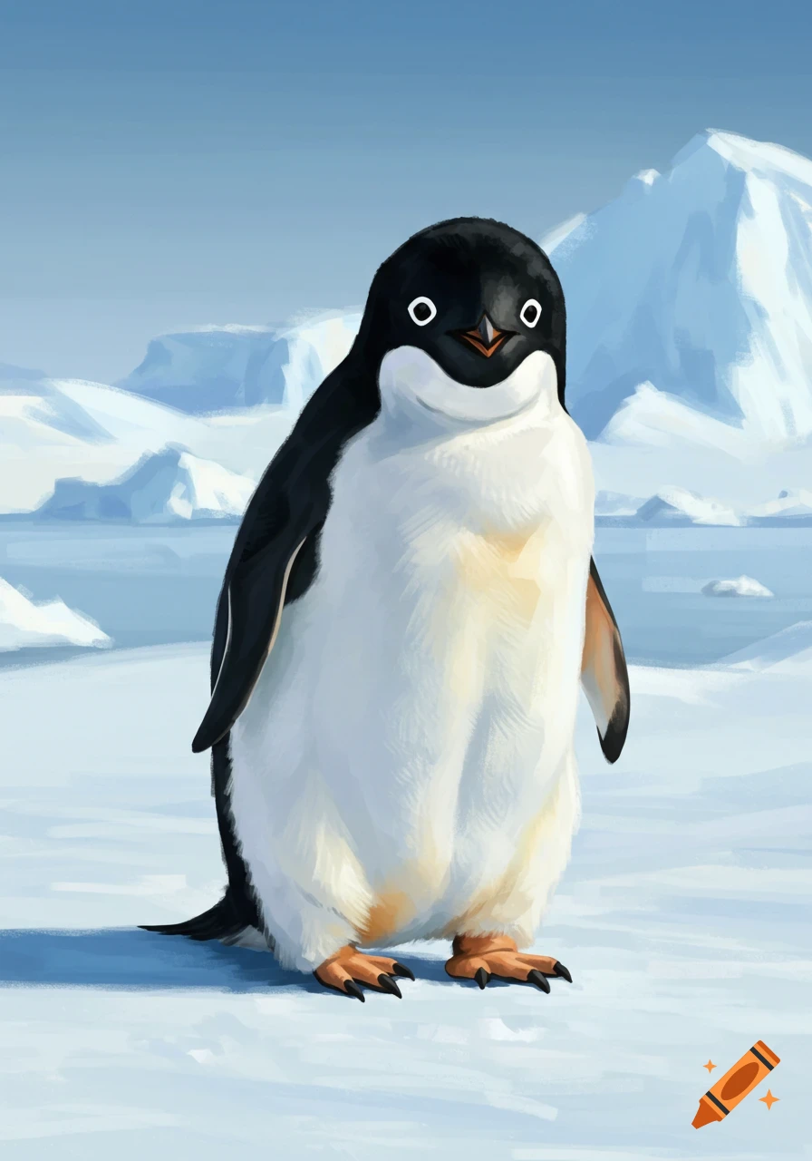 An illustration of a happy cartoon penguin standing in a snowy landscape.