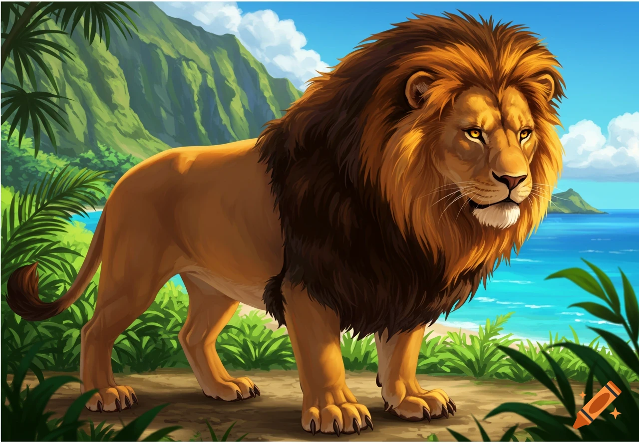A majestic lion stands in a tropical landscape with mountains and ocean.