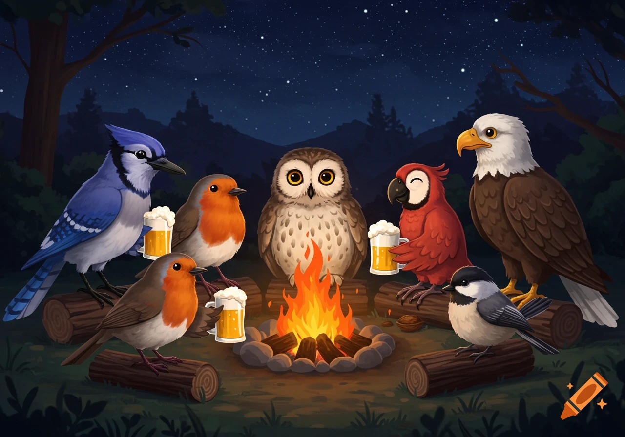Cartoon birds sit around a campfire at night, each holding a mug of beer.