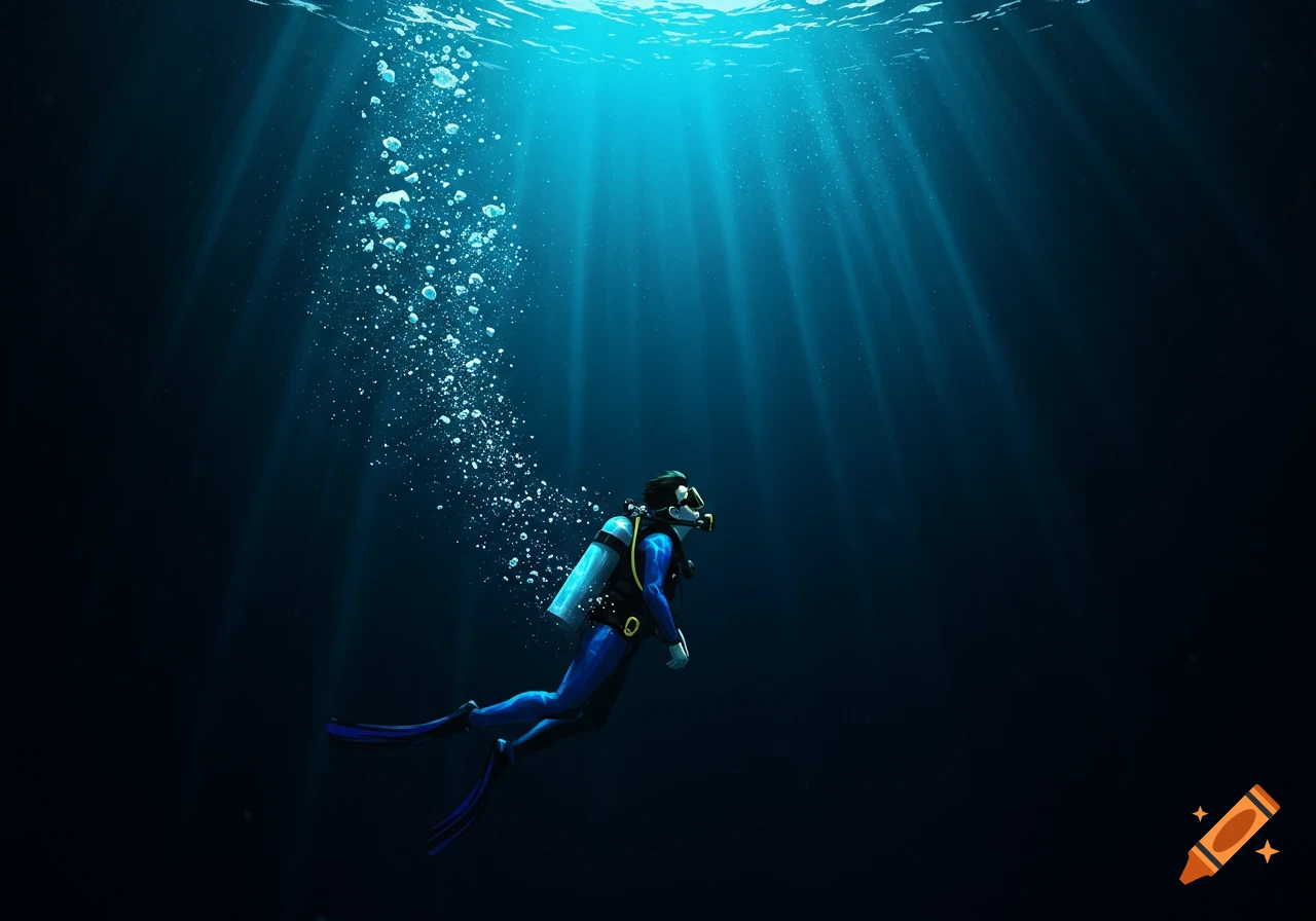 A scuba diver swims up towards light rays in the dark ocean.