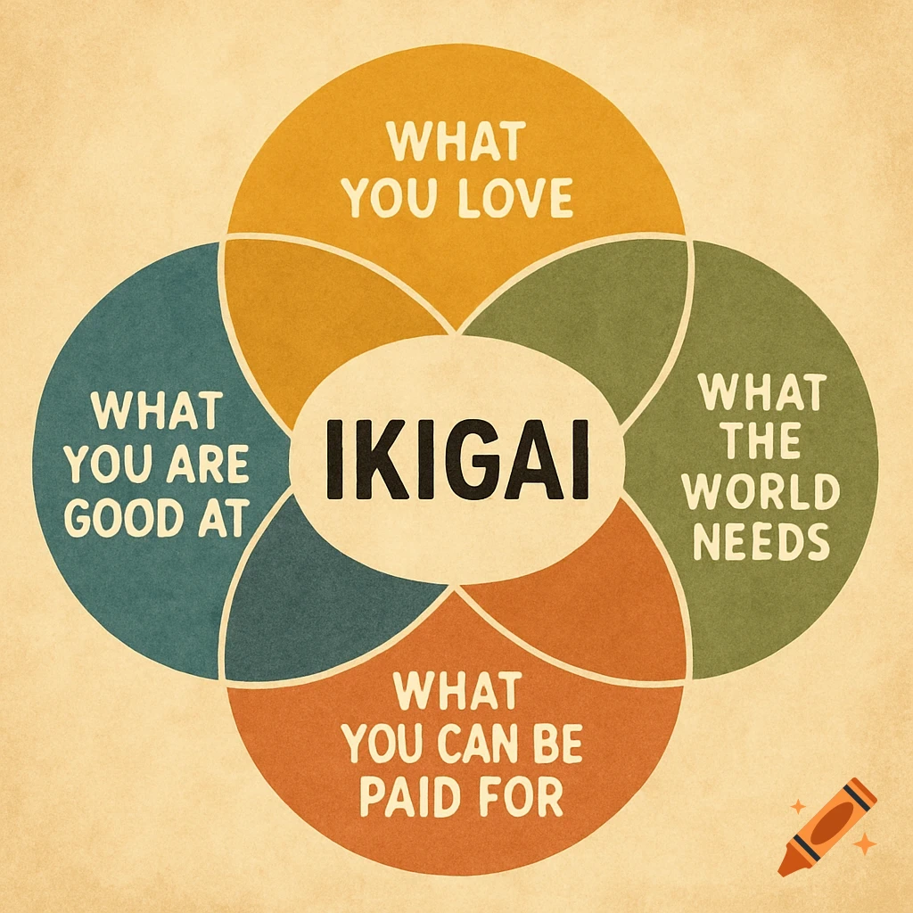 Ikigai diagram with overlapping circles for love, skill, need, and pay.