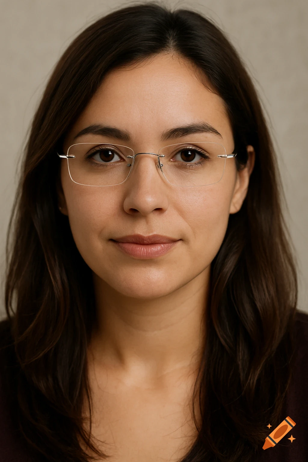 Close-up portrait of a woman wearing rimless glasses.