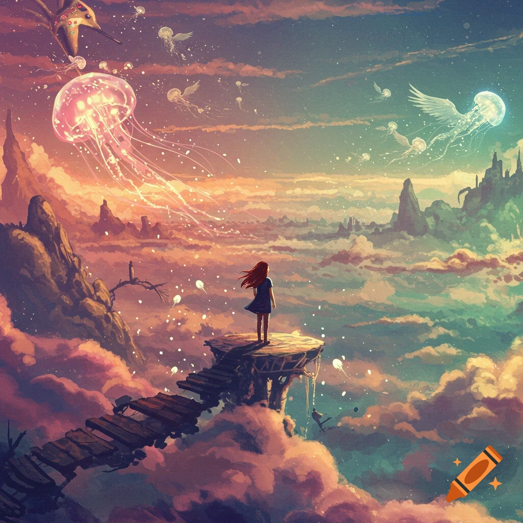 Fantasy landscape with girl on platform looking at flying glowing jellyfish and mechanical bird in a colorful sky.