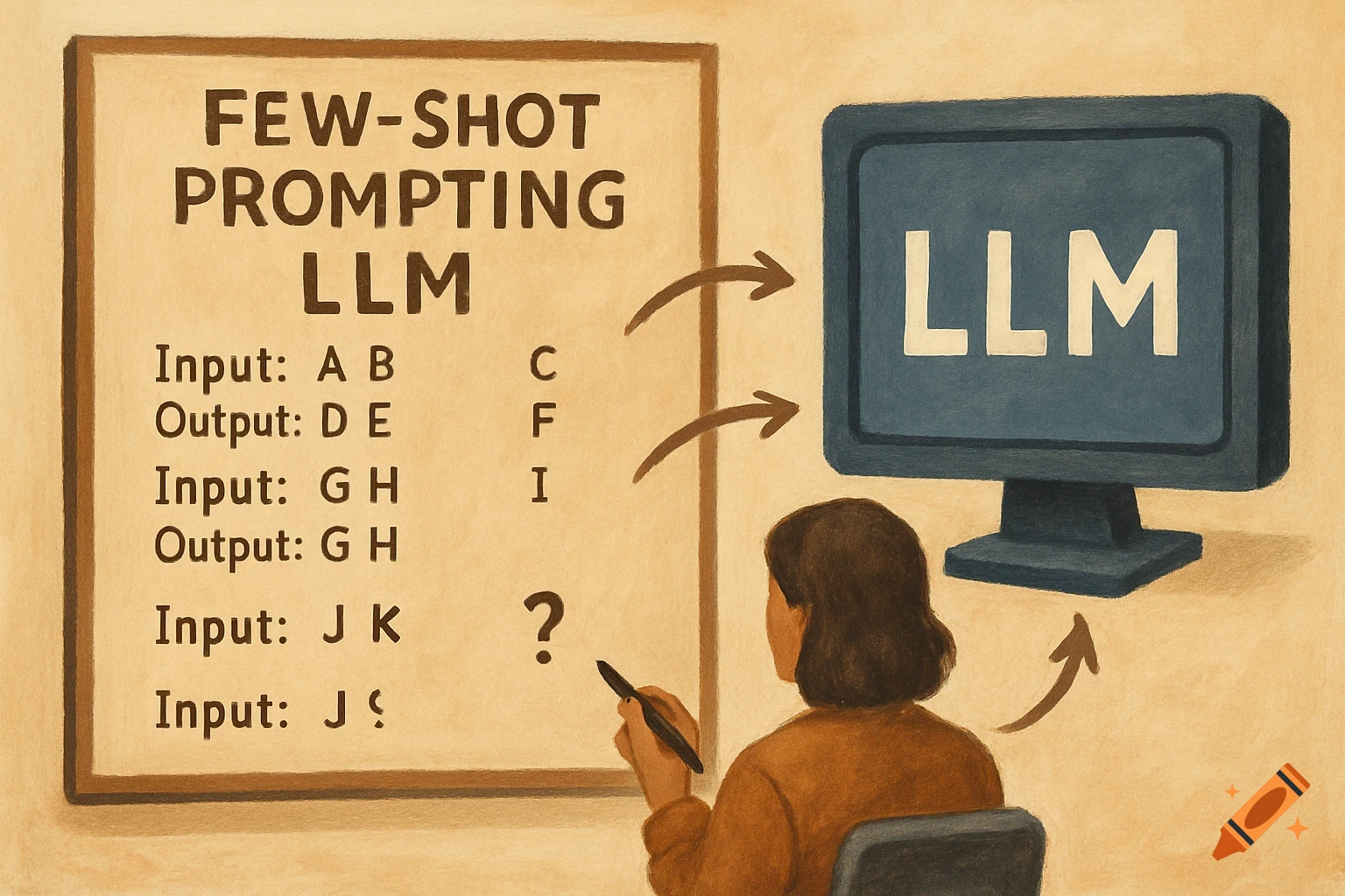 Illustration of a person looking at a whiteboard explaining few-shot prompting for an LLM.