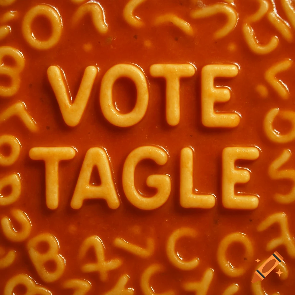 Close up of alphabet spaghetti spelling 'VOTE TAGLE' in tomato sauce.