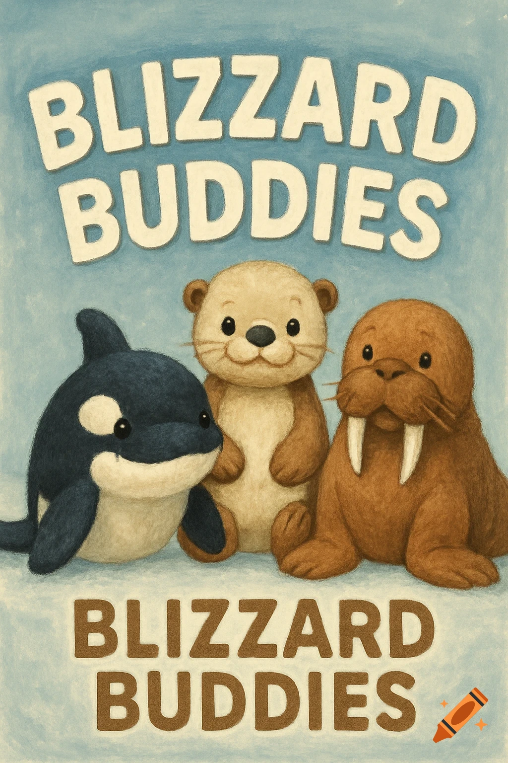 Illustration of stuffed toy orca, otter, and walrus sitting together under 'Blizzard Buddies' text, also repeated below.