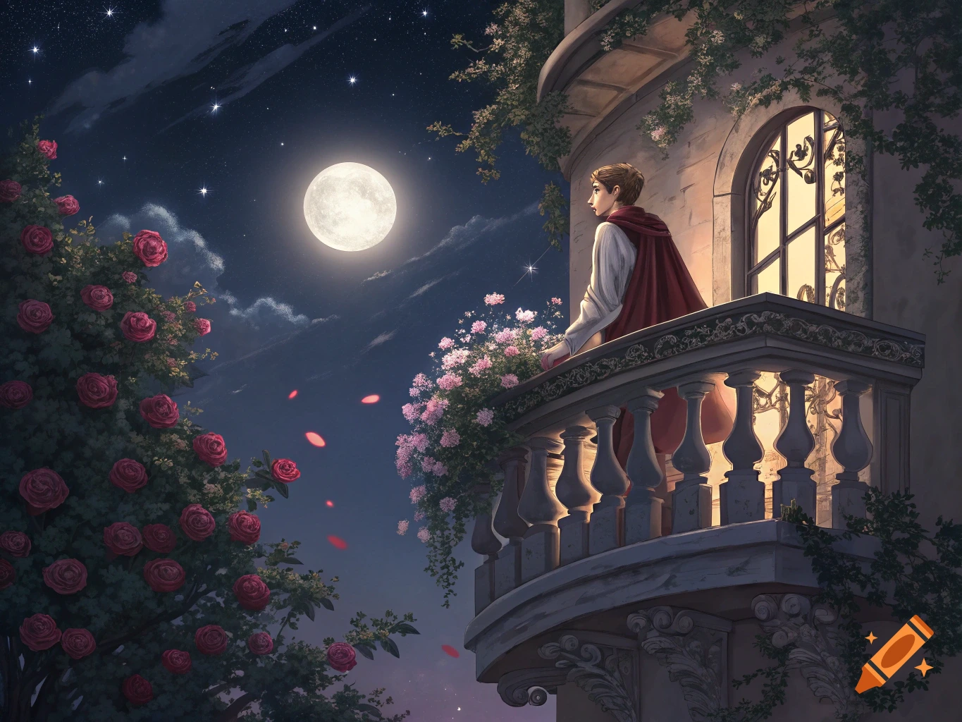 A man stands on a balcony under a full moon, surrounded by roses.