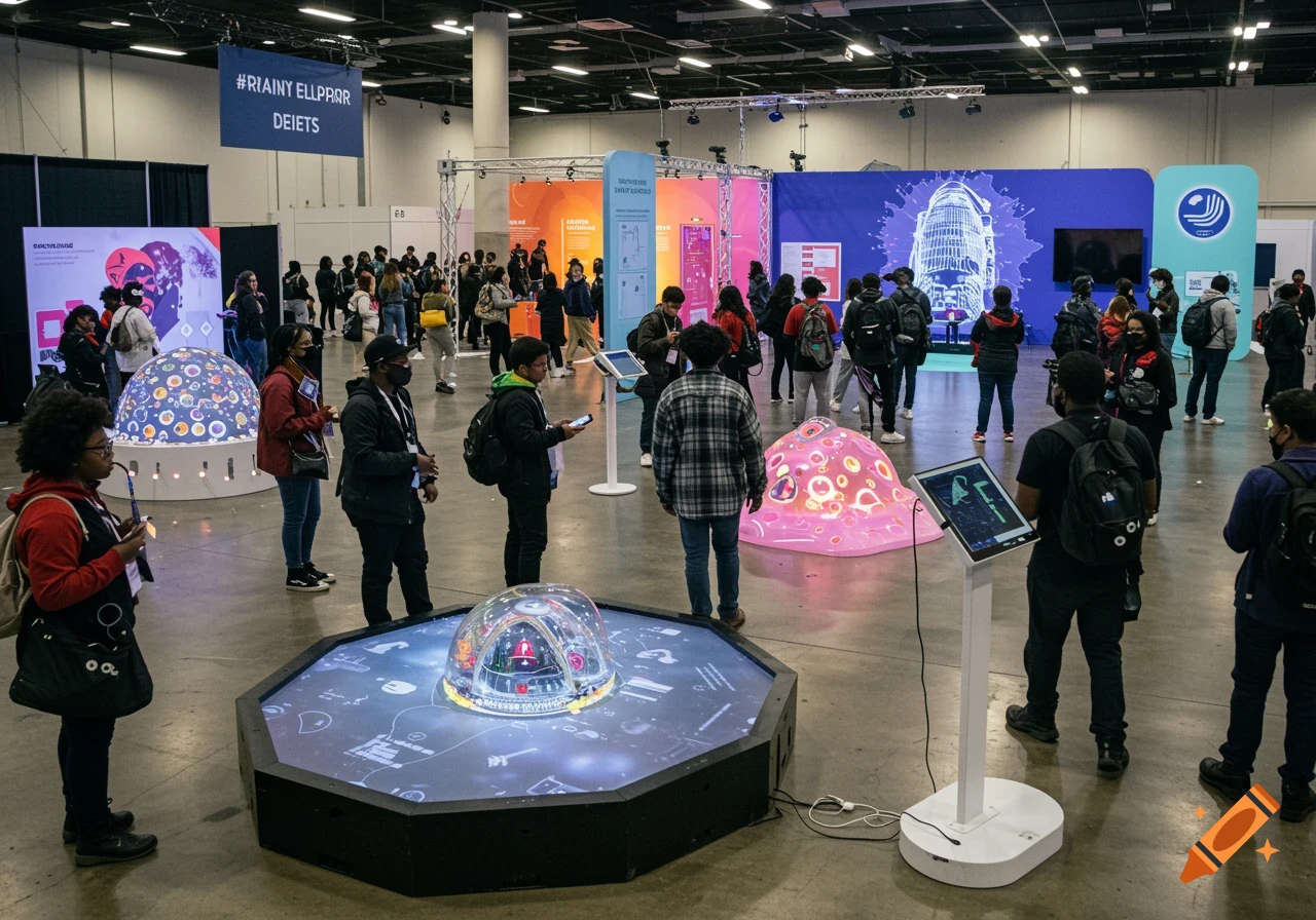 Group of attendees interacting with exhibits at a creative convention