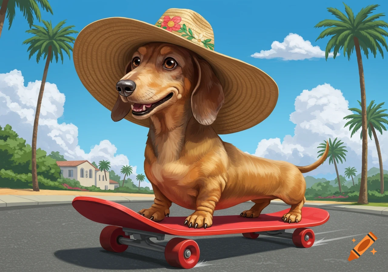A cartoon dachshund dog wearing a straw sunhat rides a red skateboard down a sunny street lined with palm trees.