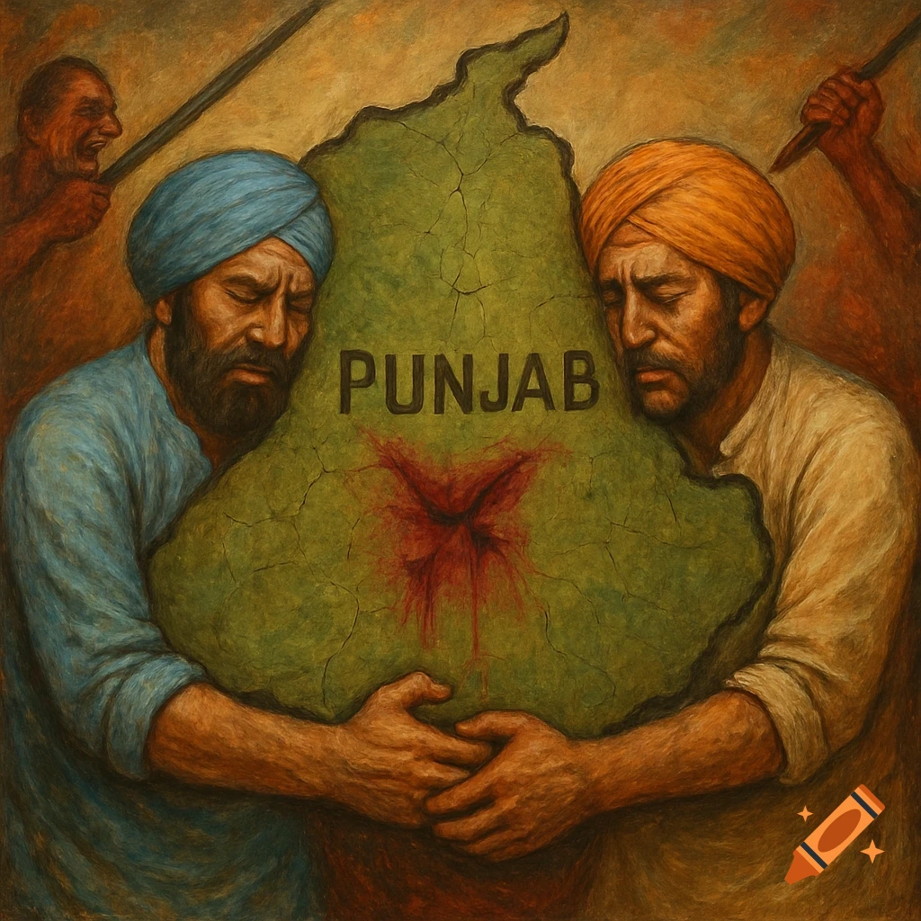 Two men in turbans embrace a map of Punjab with a red mark, painterly style.
