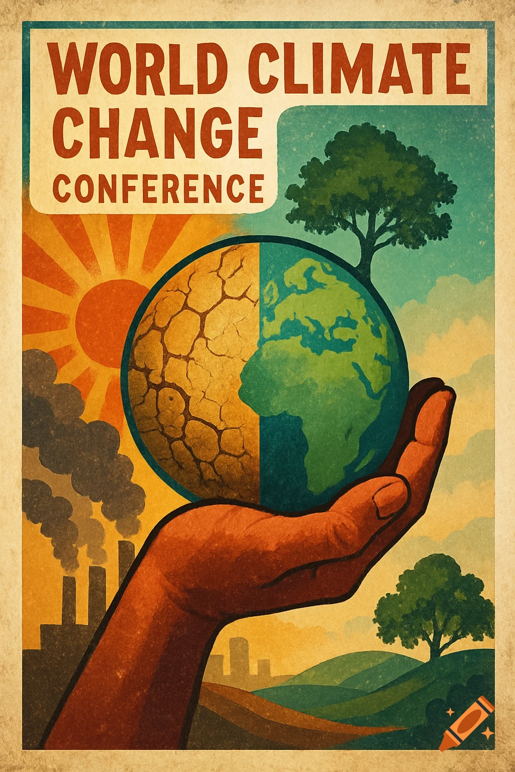 Old style poster about climate change: a hand holds a globe split between dry, cracked land and green land. Text reads 'WORLD CLIMATE CHANGE CONFERENCE'.