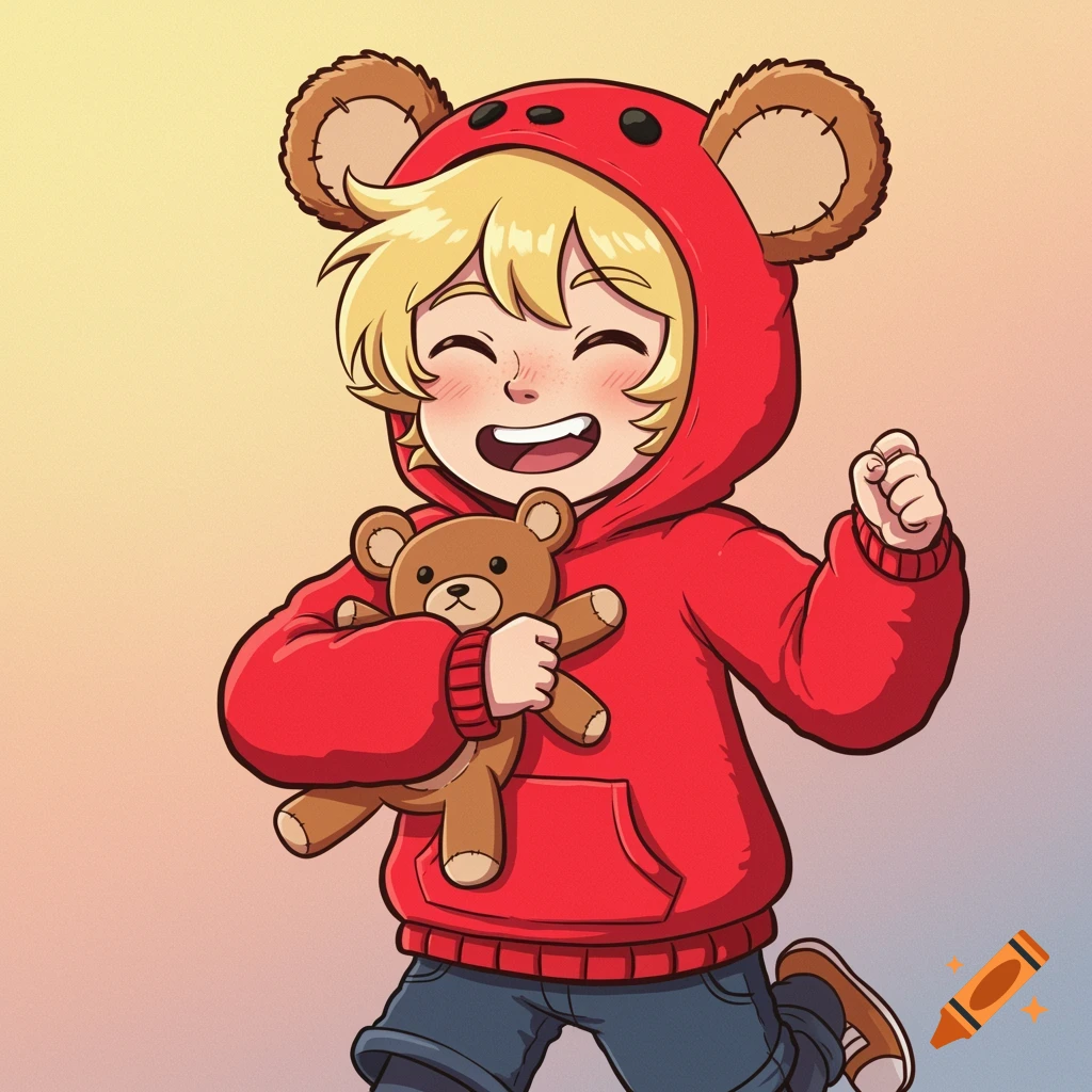 A cartoon illustration of a blonde boy in a red bear hoodie holding a teddy bear and running.