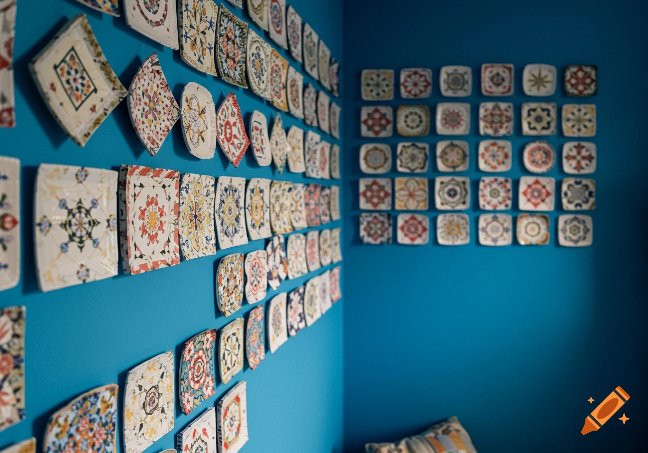 Decorative tiles hang on a blue wall.