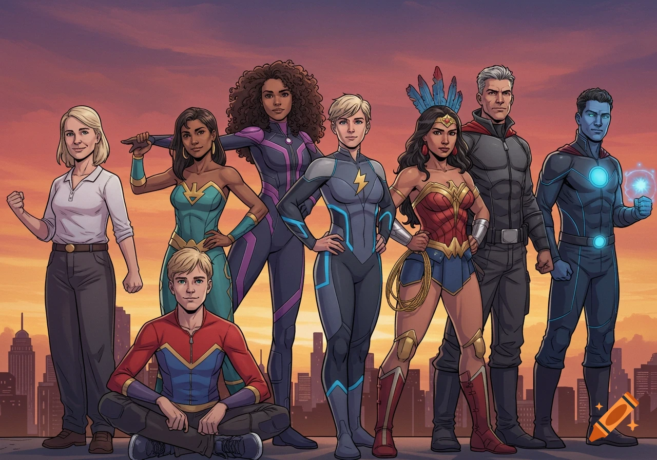 Diverse group of superheroes in comic art style standing against a city sunset.