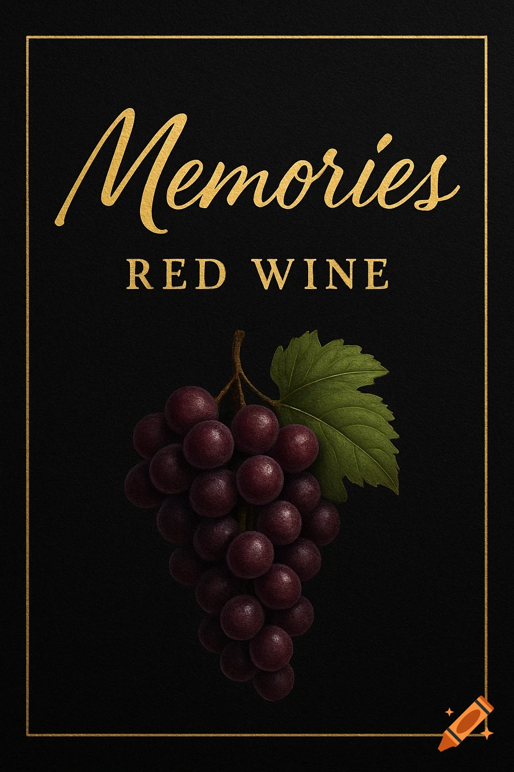 A wine label design with golden text 'Memories RED WINE', a bunch of red grapes, on a black background with a gold border.