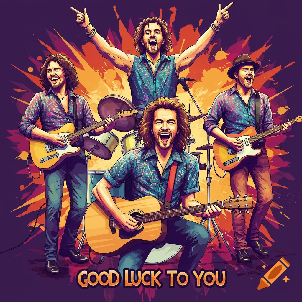 Stylized illustration of a band playing guitars and drums.