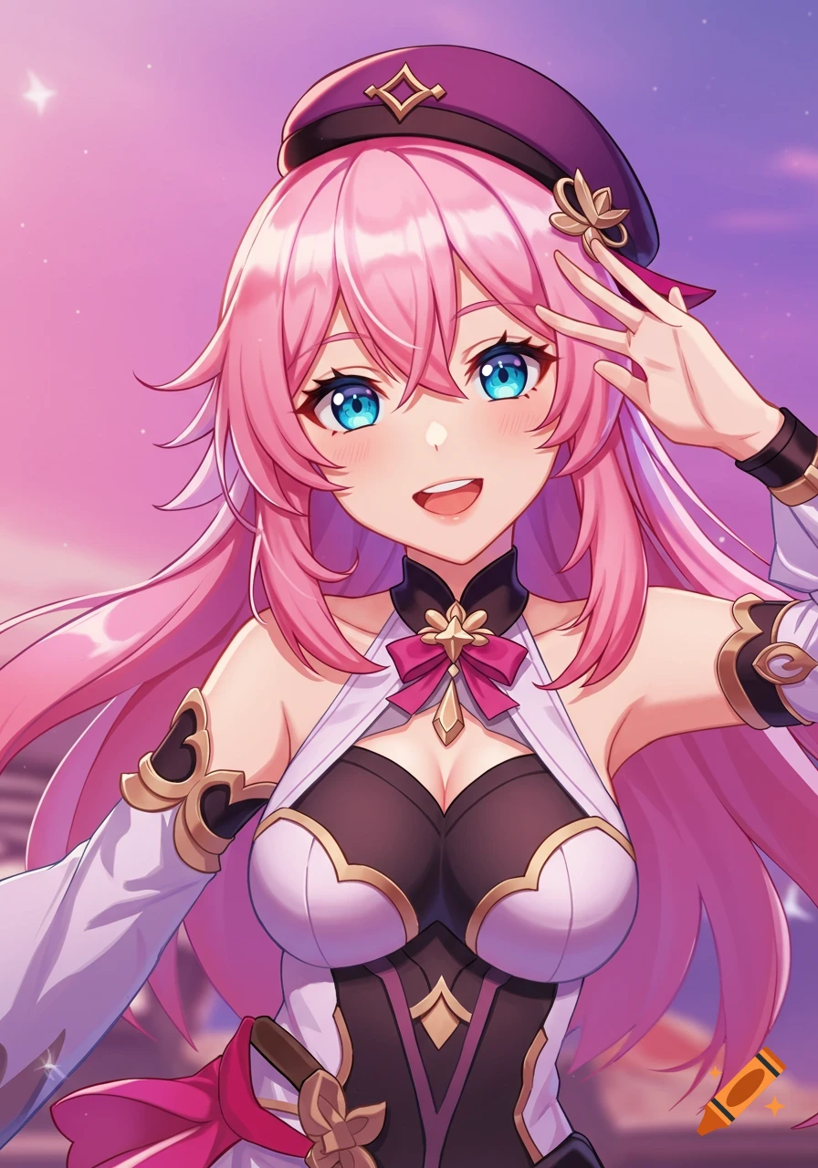 Close-up portrait of an anime girl with pink hair and blue eyes smiling and wearing a beret.