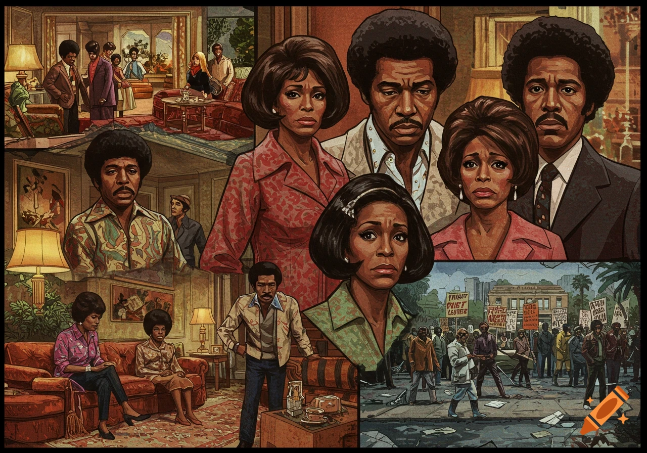 Collage of illustrative scenes and portraits inspired by a 70s TV show, featuring indoor settings and a street protest.