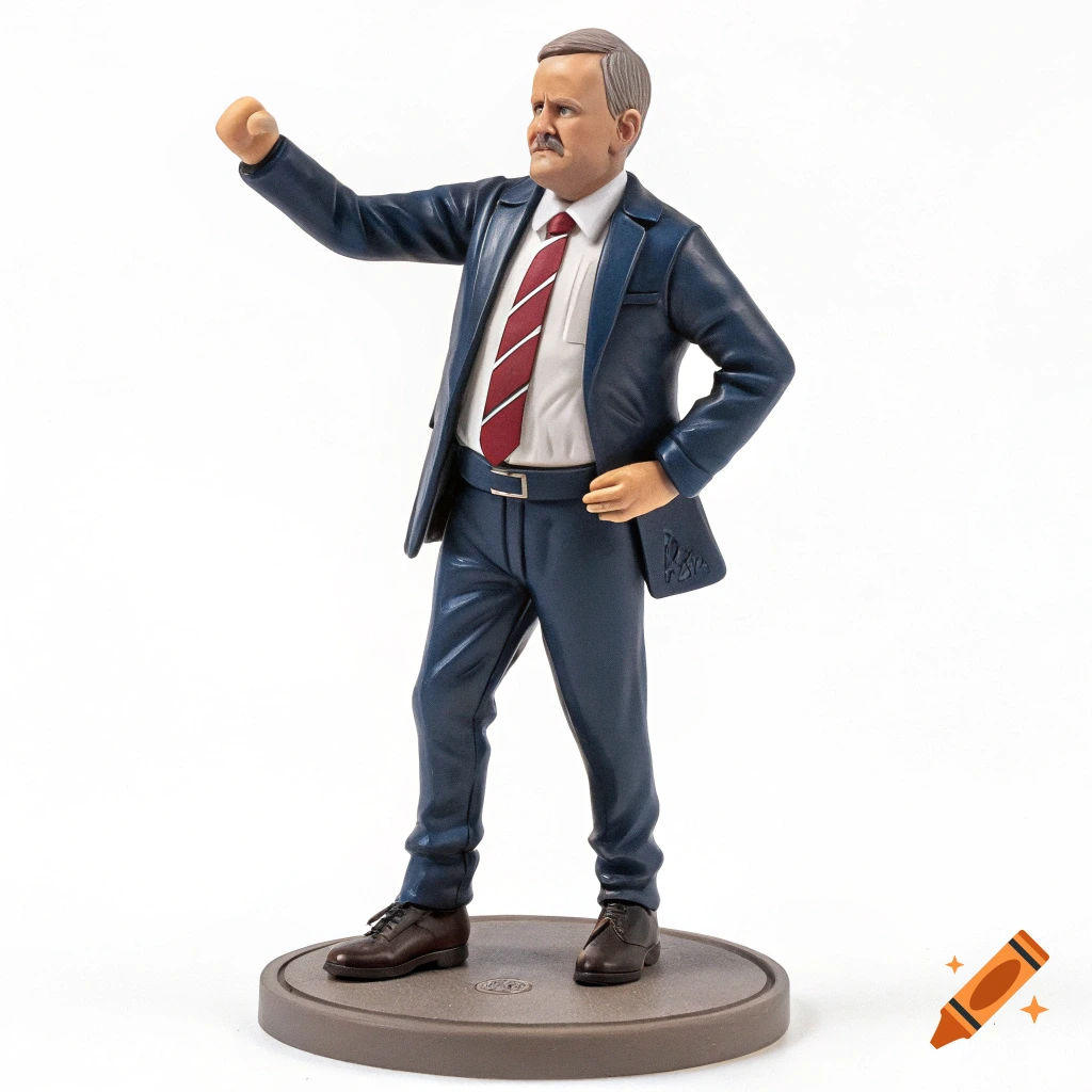 Action figure of a man in a blue suit raising his fist.
