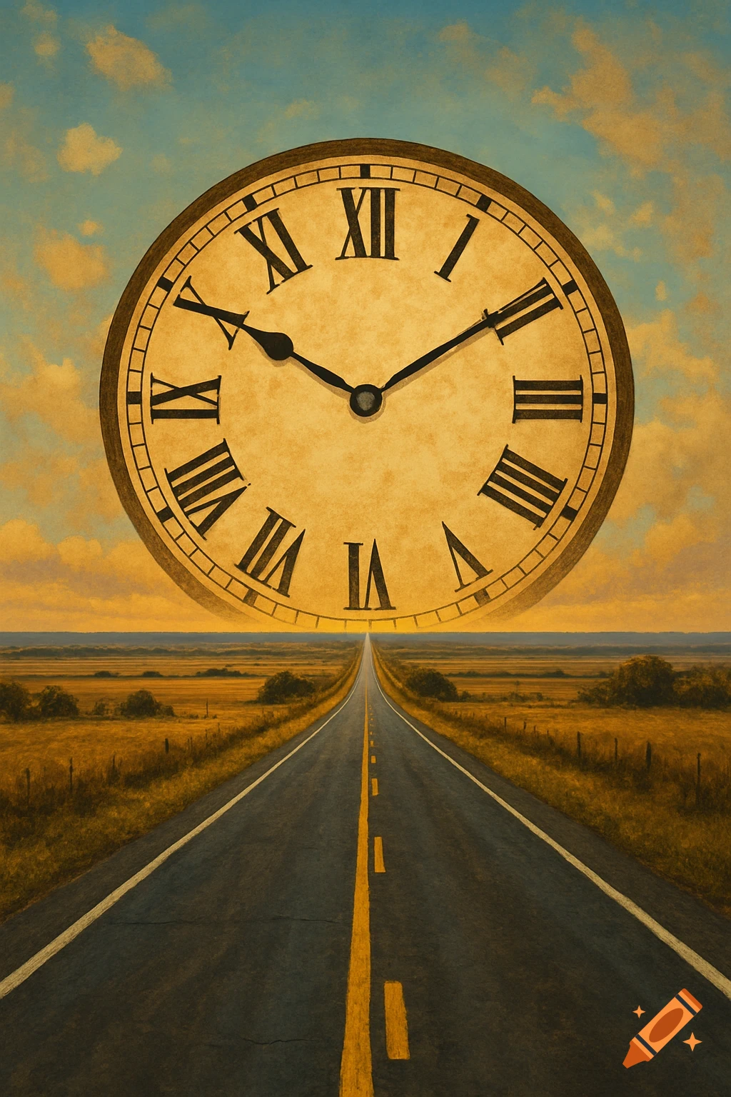 A large clock face floats above a long road stretching into a golden landscape under a dramatic sky.