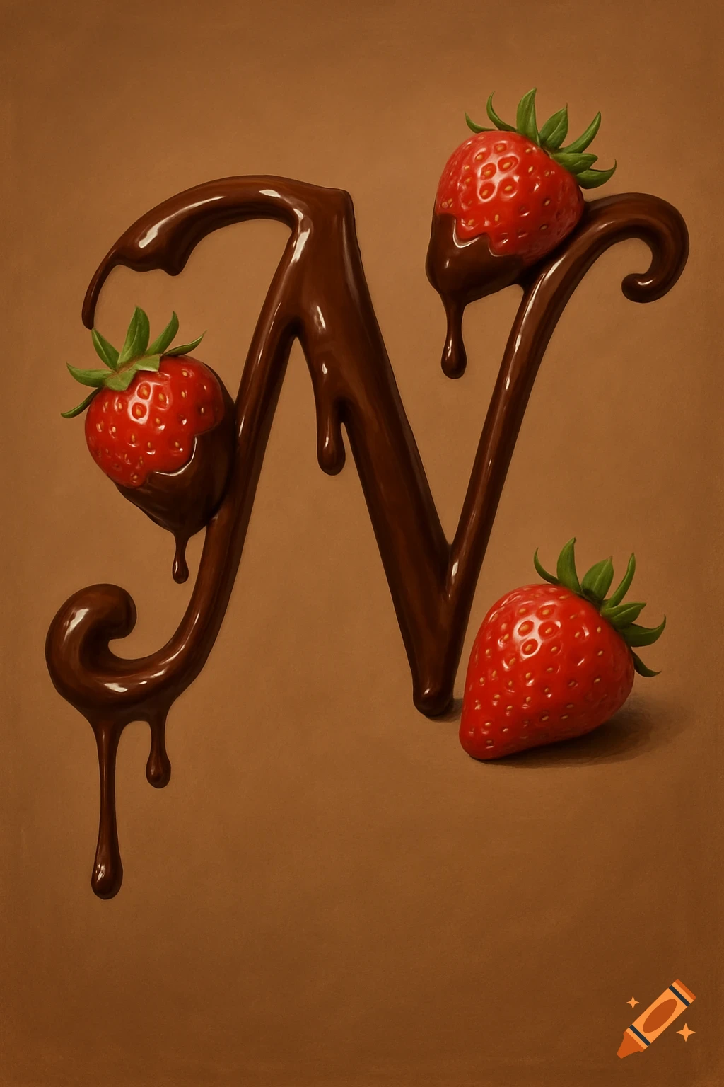 A capital cursive letter N made of dripping chocolate, decorated with three strawberries, on a brown background.