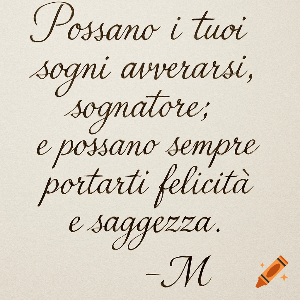 Italian calligraphy of a quote on paper.