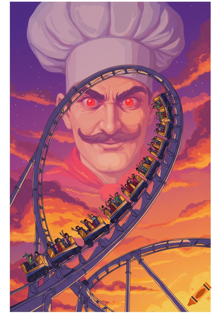 Illustration of a menacing chef with red eyes looming in the sky over a rollercoaster car full of people.