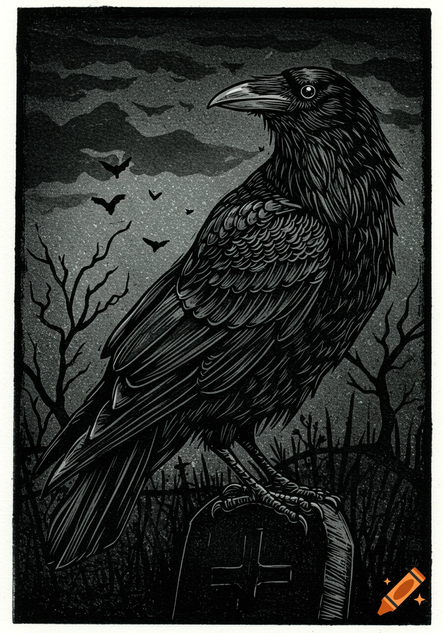 Black and white linocut illustration of a crow perched on a tombstone with bats and bare trees in the background.