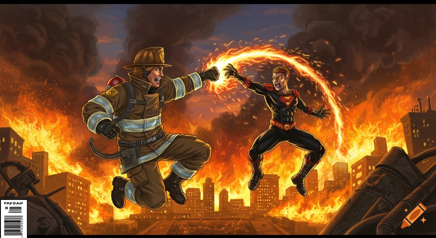 Comic art of a firefighter leaping to punch a fiery superhero villain in a burning city.