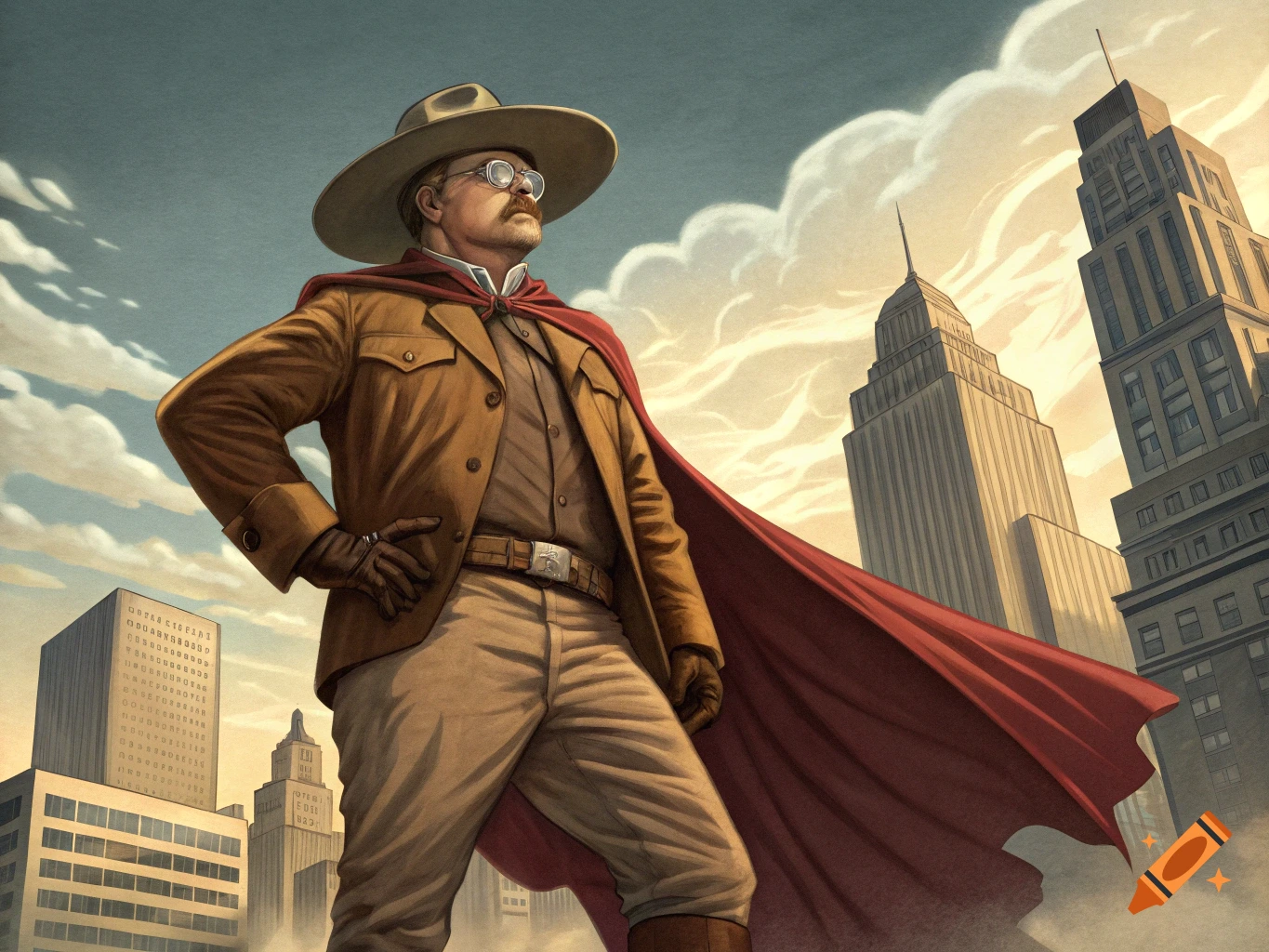 Illustration of Theodore Roosevelt as a superhero in his Rough Rider suit and a cape, standing before skyscrapers.