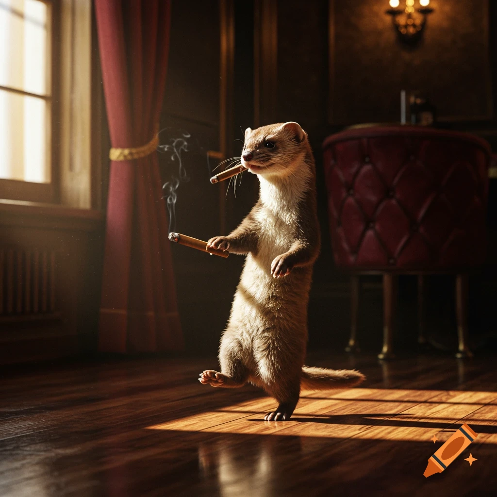 A weasel stands holding and smoking cigars in a room.