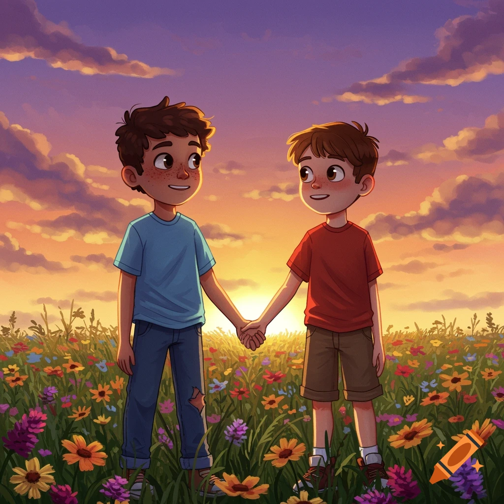 Two boys holding hands in a field of wildflowers at sunset in an illustration style.