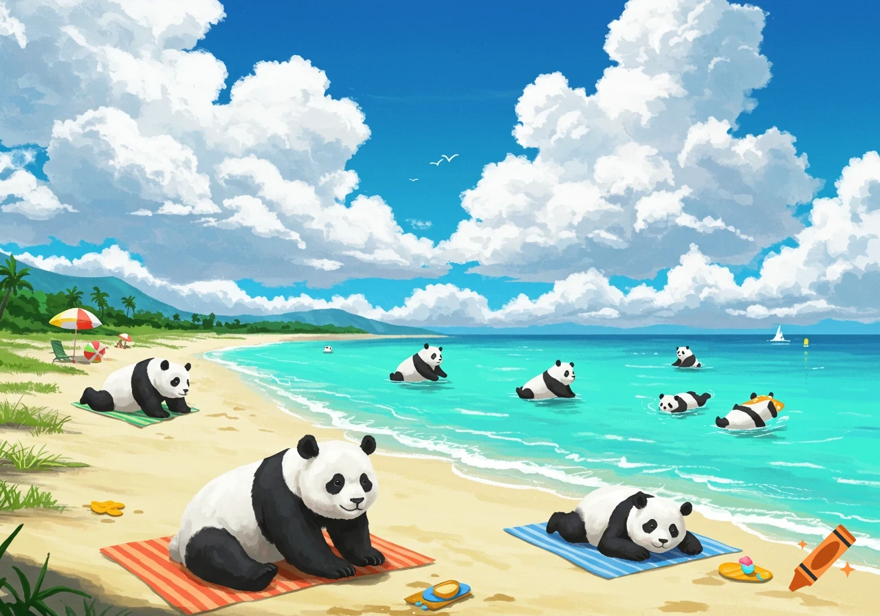 Cute pandas relaxing and swimming on a sandy beach with clear blue water.