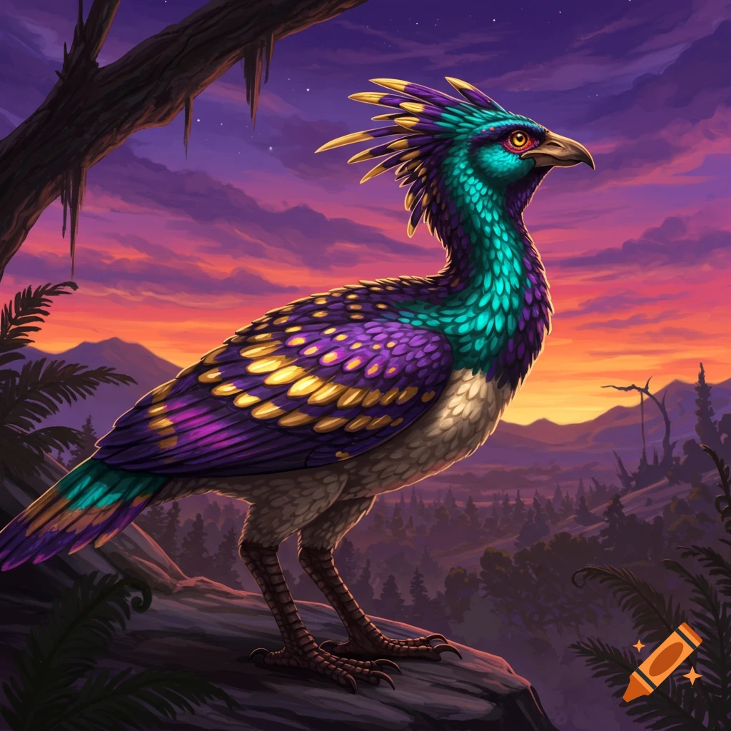 A brightly colored fantasy bird with purple, gold, and teal feathers stands on a rock in a prehistoric landscape at sunset.