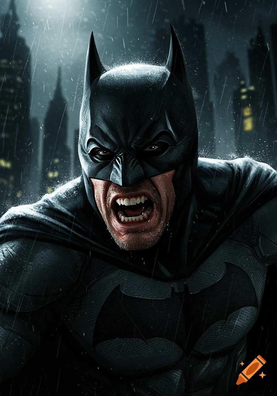 Close-up illustration of an angry Batman in the rain with city buildings in the background