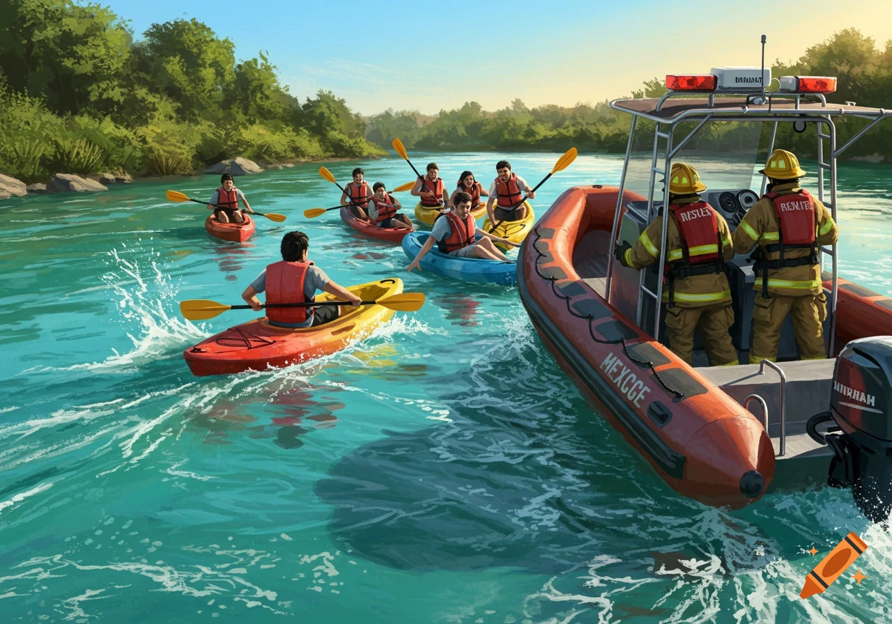 Firefighters in a rescue boat assist people kayaking on a river.