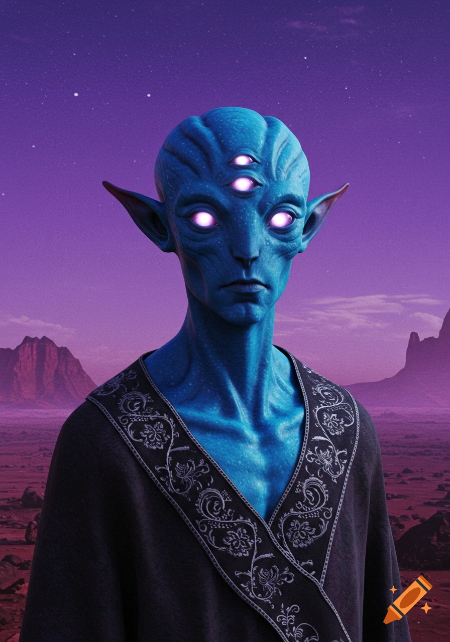 A blue alien with three eyes and pointed ears stands in a rocky landscape under a purple sky.