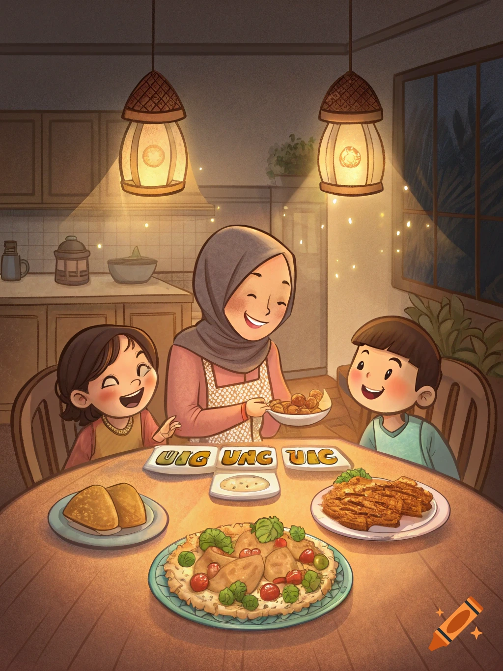 Cartoon illustration of a mother and two children eating a meal around a table with festive lights.