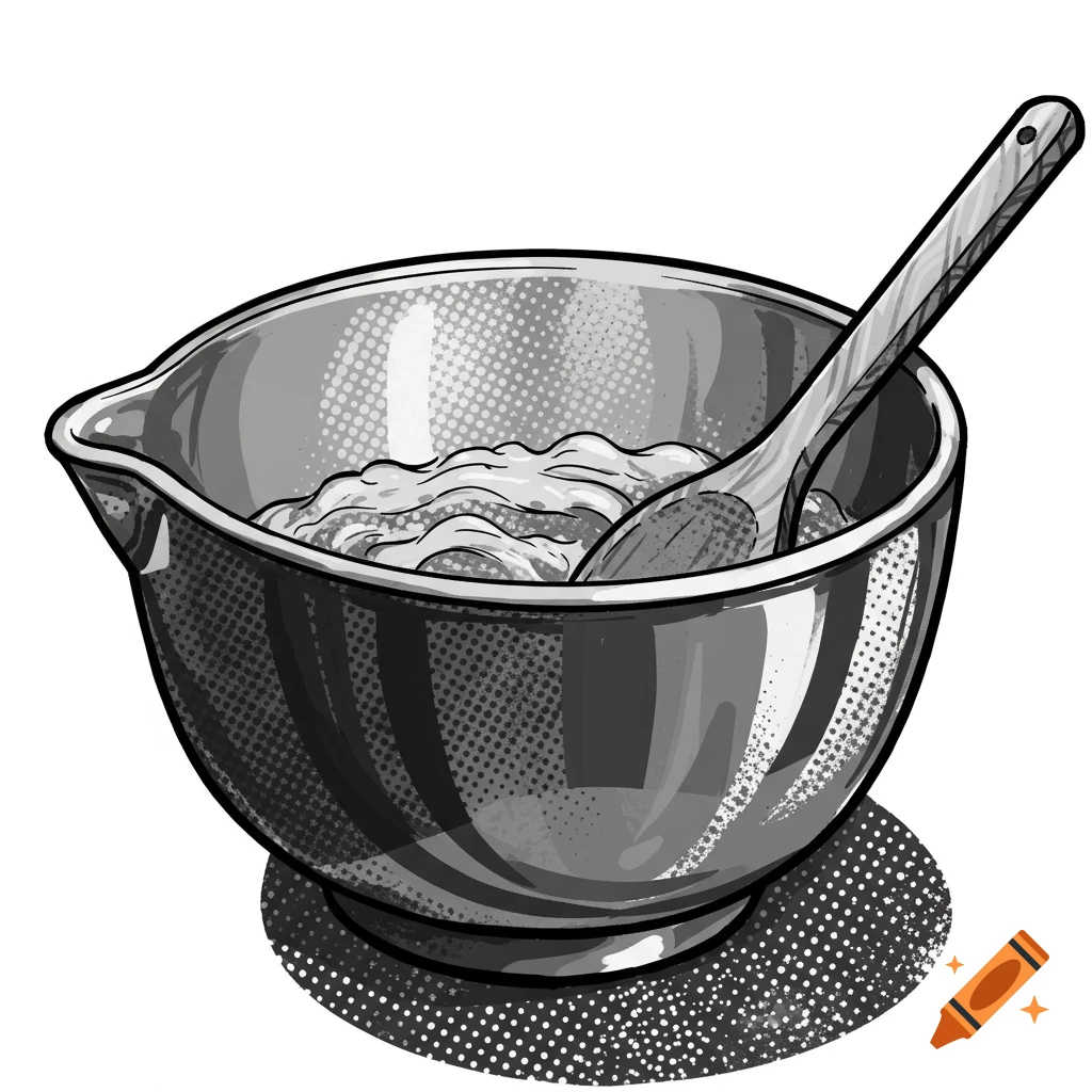 Black and white pop art illustration of a mixing bowl with a wooden spoon.