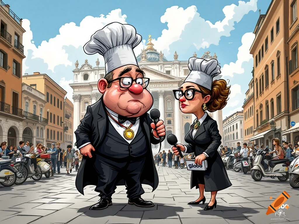 Cartoon of two journalists with microphones, one in a chef hat, standing in a Rome square near St. Peter's Basilica.