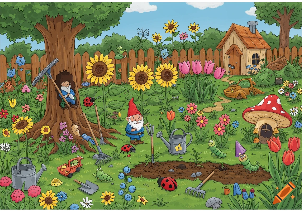 A detailed cartoon illustration of a garden with gnomes, flowers, tools, and insects.
