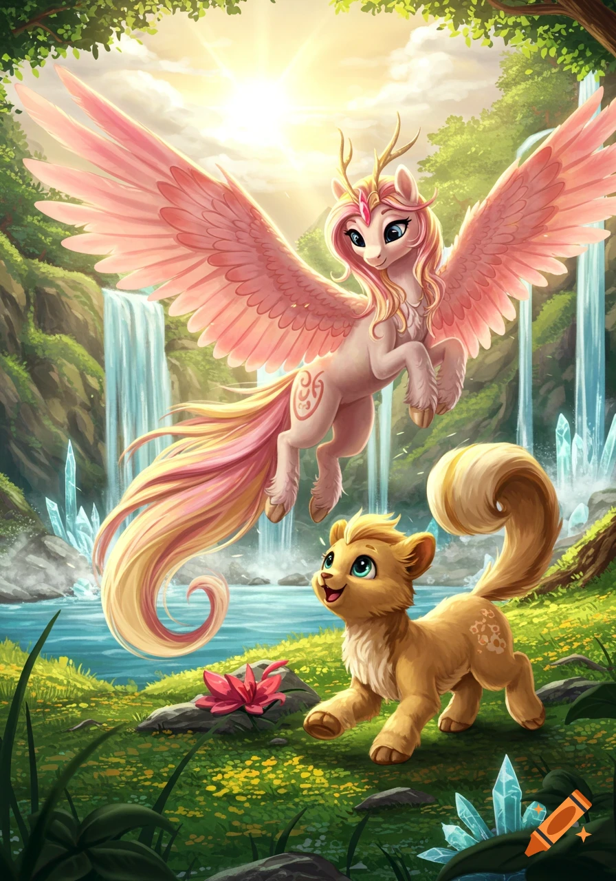 A winged creature and a cat-like creature in a fantasy forest with waterfalls and sunlight.